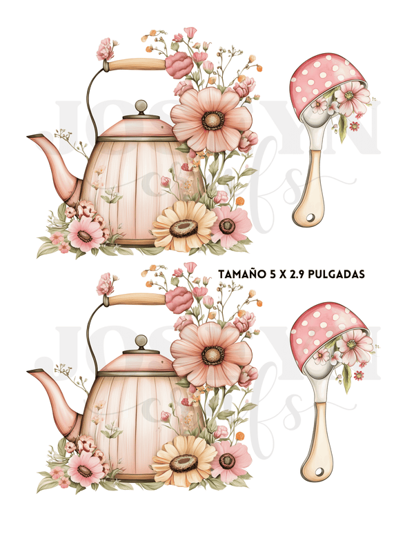 Calcomania al Agua Tetera y Flores